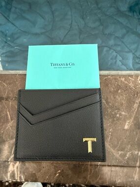Tiffany & Co. Black Leather Card Holder with Gold 'T' Accent